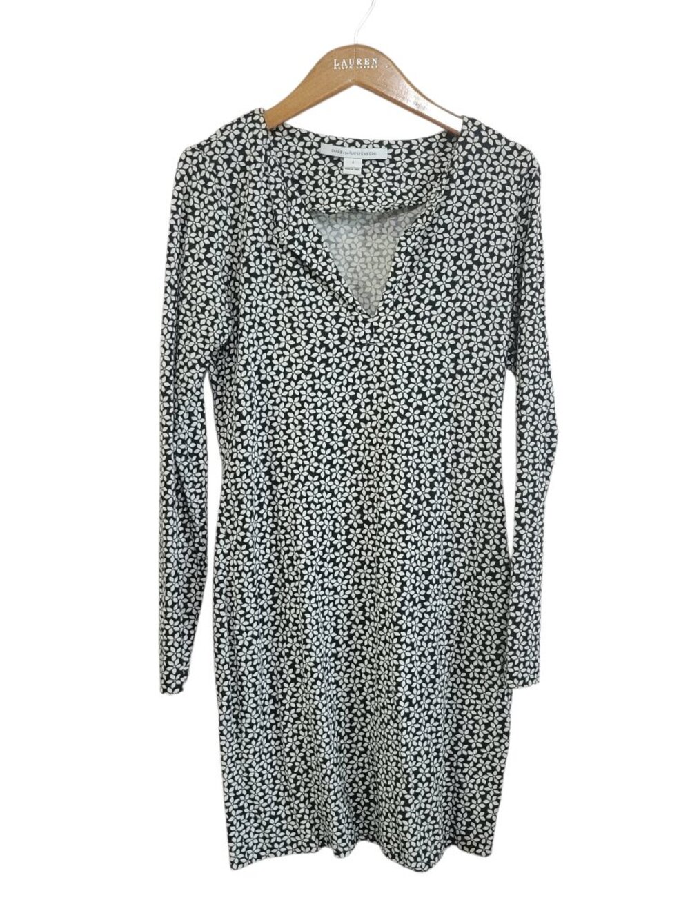Diane Von Furstenberg Reina Ditsy Shirt Dress Womens 4 Black White Floral V-Neck